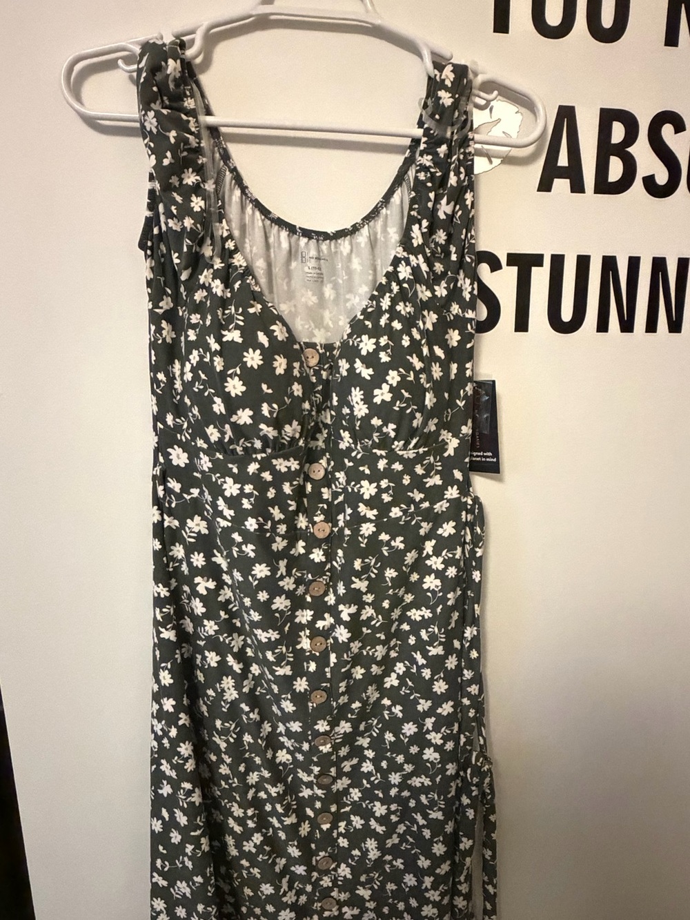 wonder nation Olive Green Floral Midi Dress with White Daisy Print